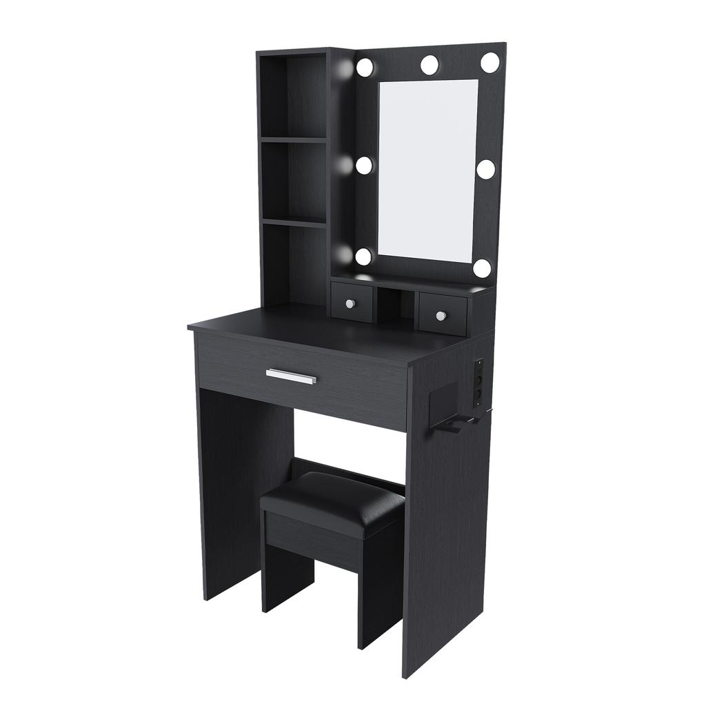 Small Vanity Table with Mirror and Adjustable LED Lighting, Socket, Hair Dryer Holder & Padded Stool - with Drawers and Shelf, Black, W60/H131.5/D38cm
