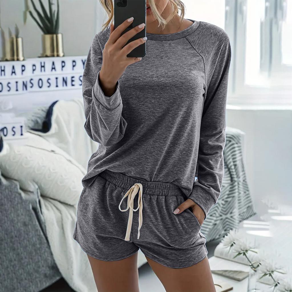 Women's Color Two,Piece Round Neck Long Sleeve Shorts Home Sports Suit