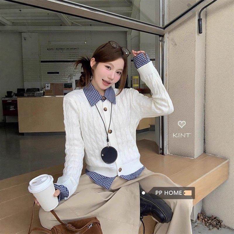 

2025 Осень Женский Модный Корейский Клетчатый Лоскутный Кардиган Свитер-Рубашка Комбо One Size белый