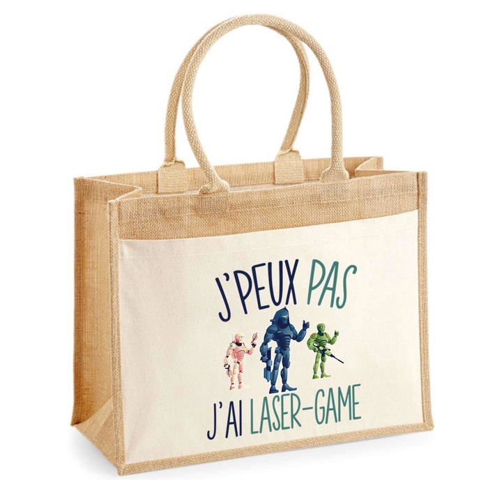 Sac de plage - PLANETEE - J'peux pas (jute avec poche Laser-Game) - Coton - Multicolore - 43x33 cm