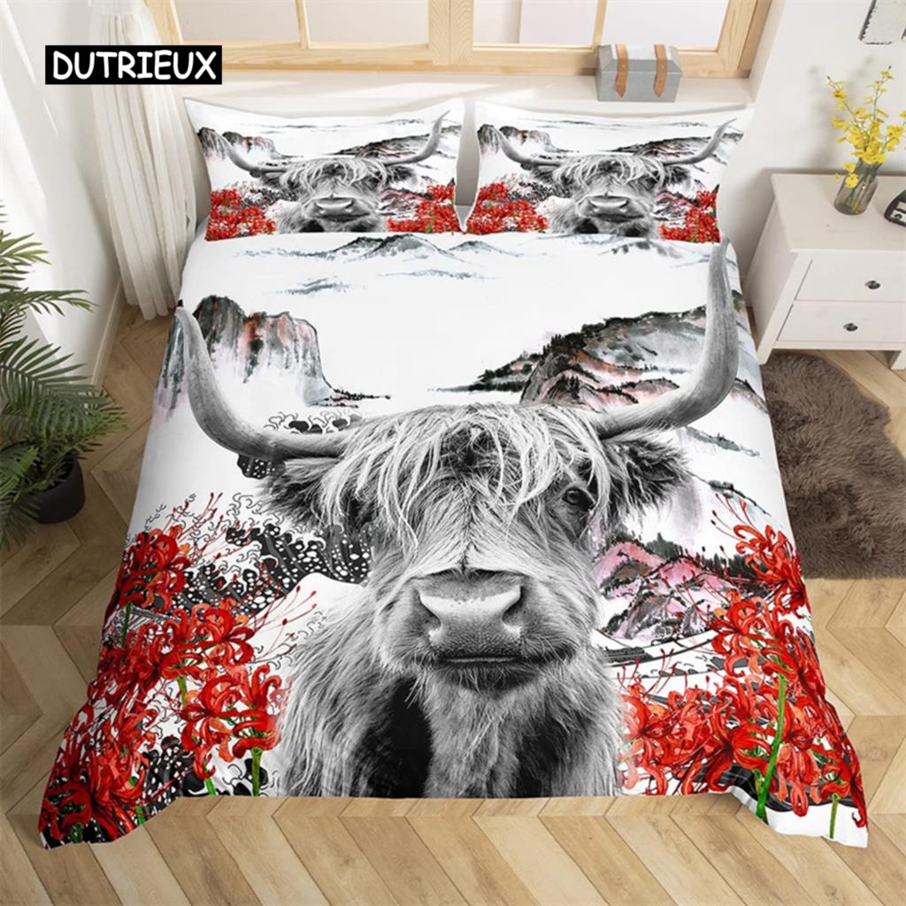 Highland Cow Bedding Set Polyester Bull Cattle Flowers Quilt Cover Western Wild Animal Duvet Cover Farmhouse Cow Bedspread Cover