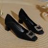Coarse heel single shoes women's 2025 new spring and autumn black temperament middle heel shoes rhinestone square buckle French square head high heels