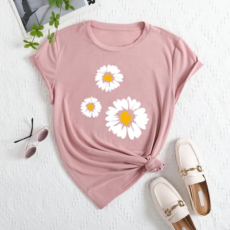 Sommer Damen T-Shirts mit Drei-Gänseblümchen-Print, locker, Rundhalsausschnitt, lässig, reine Baumwolle, kurzärmelig, Damen