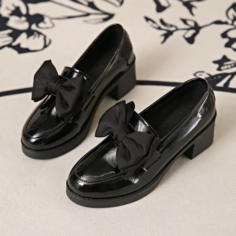 Bow British thick heel loafer single shoes women's autumn lazy large size casual one-pedal small leather shoes