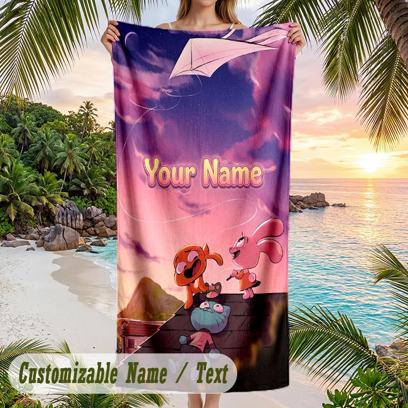Amazing World of Gumball Beach Towel, Personalized Custom Text, Quick Dry Soft Large Towel For Swimming Pool Travel