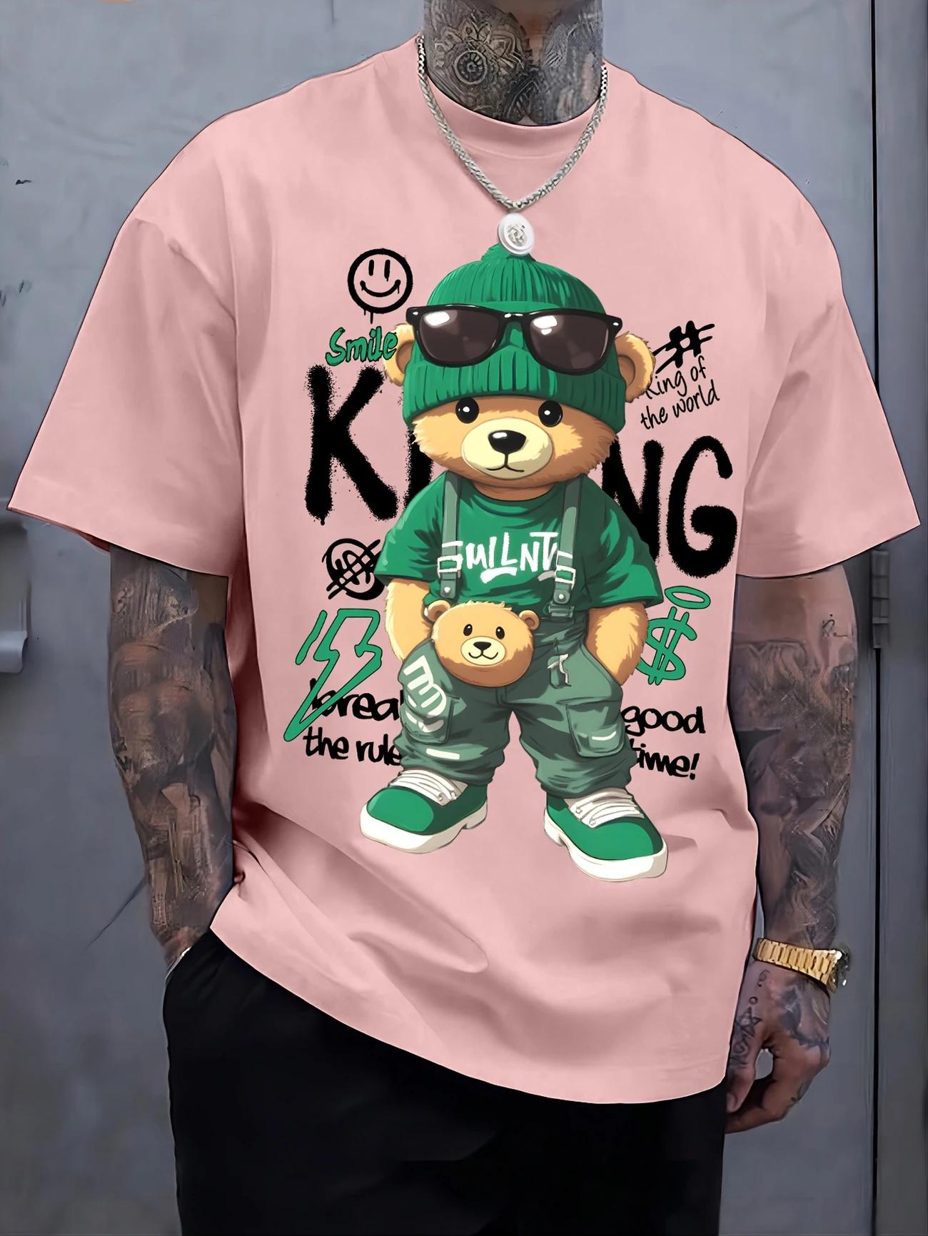 

Мужская хлопковая футболка с коротким рукавом, тренд 2025, свободного кроя, с американским принтом, повседневная, универсальная, парная, с мультяшным медведем, повседневная футболка 4XL