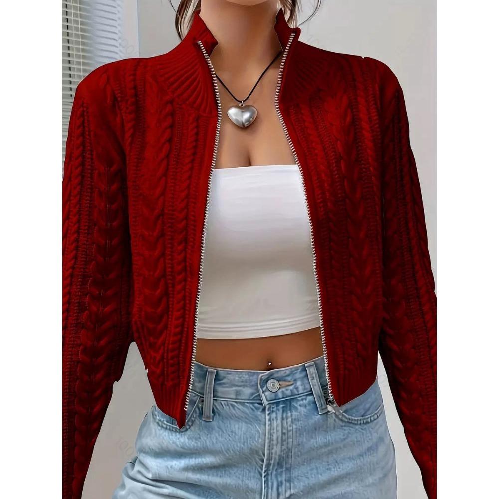

New Autumn and Winter Style Short Zipper Knitted Cardigan Sweater with A Stand-up Collar for Women, Versatile Small Coat XL бордовий