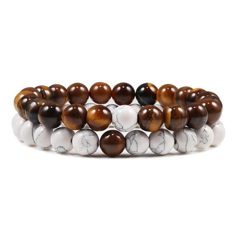 Sett Armbånd Par Avstand Svart Hvit Naturlig Lavastein Tiger Eye Beaded Yoga Armbånd for Menn Kvinner Elastisk tau Smykker