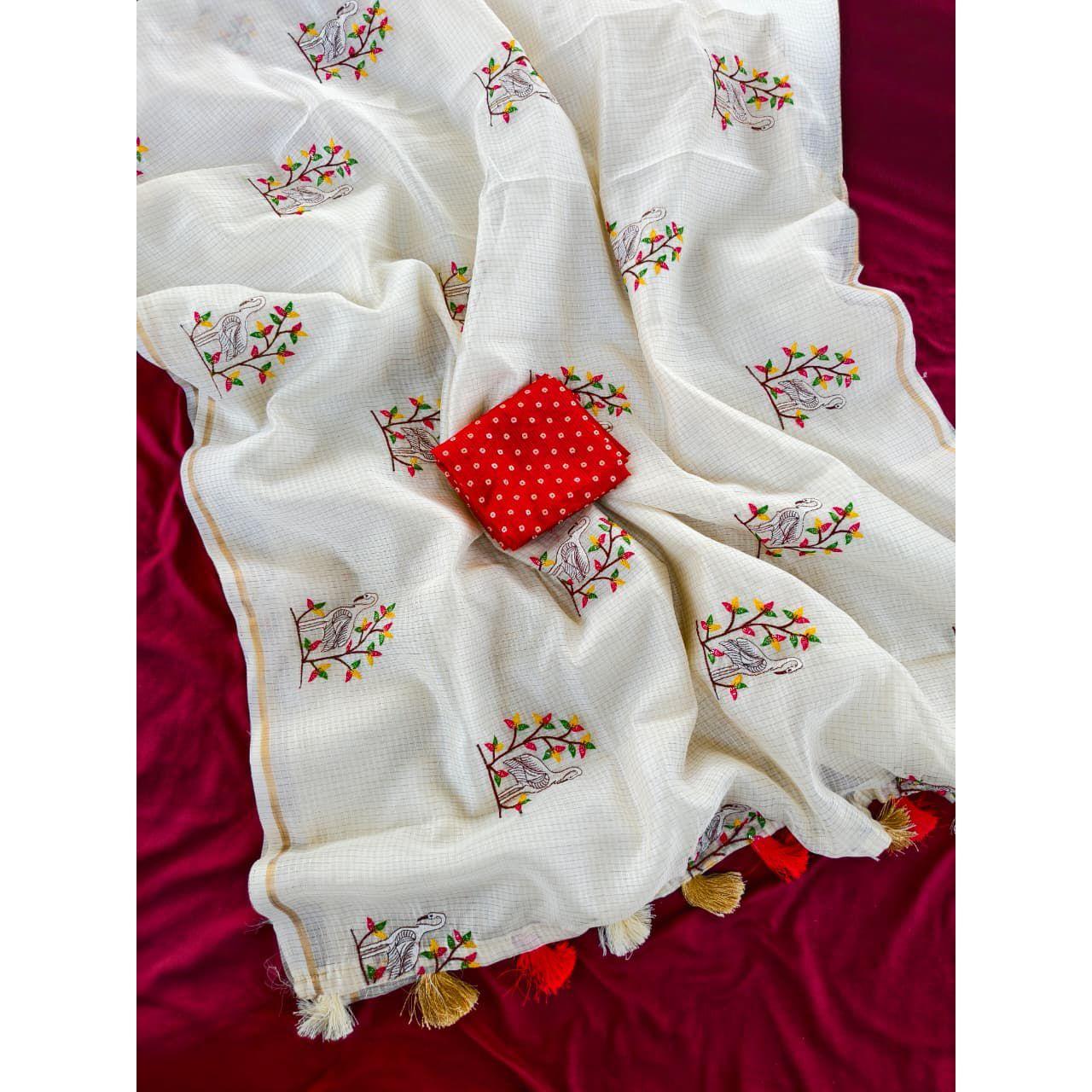 Pure kota sarees in white colour with beautiful embroded 5 needle embroided mottifs , with gold zari patta
