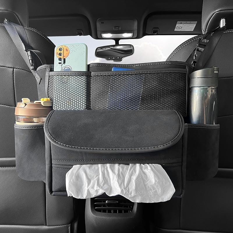 JEYODA Car Suede Seat Organizer High-Capacity Seat Back Pouch Central Storage For Pickup SUVs Double-Sided Tissue Storage Handbag Holder Car