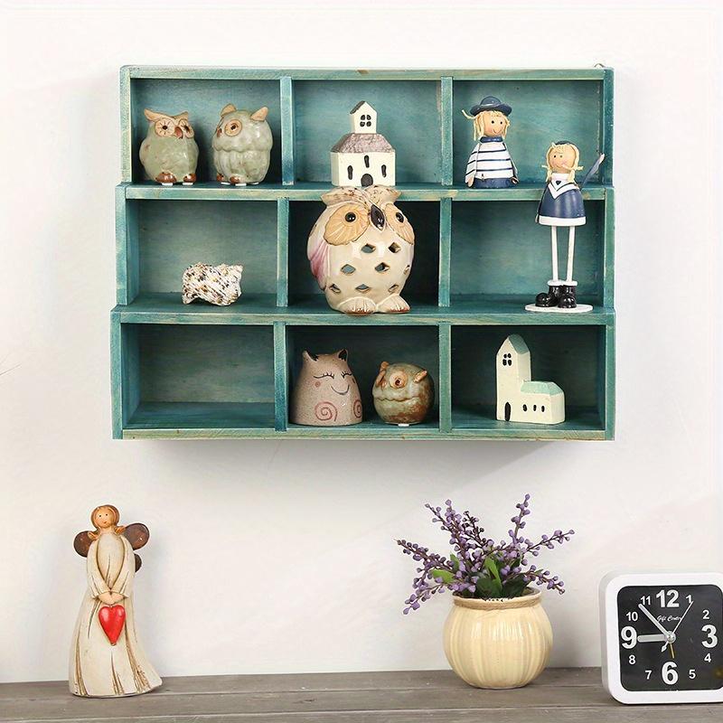 1pc Rouge/Bleu 9 grilles Étagère de Rangement Murale en Bois Vintage, Présentoir de haute qualité pour bijoux et objets de collection de bureau.