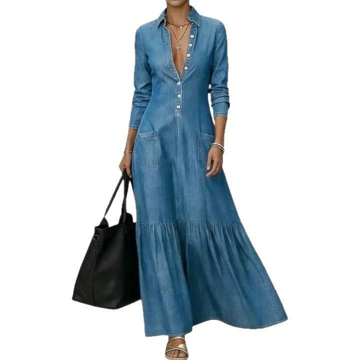European and American street retro collar temperament denim dress women's summer new high-end foreign-style waist dress