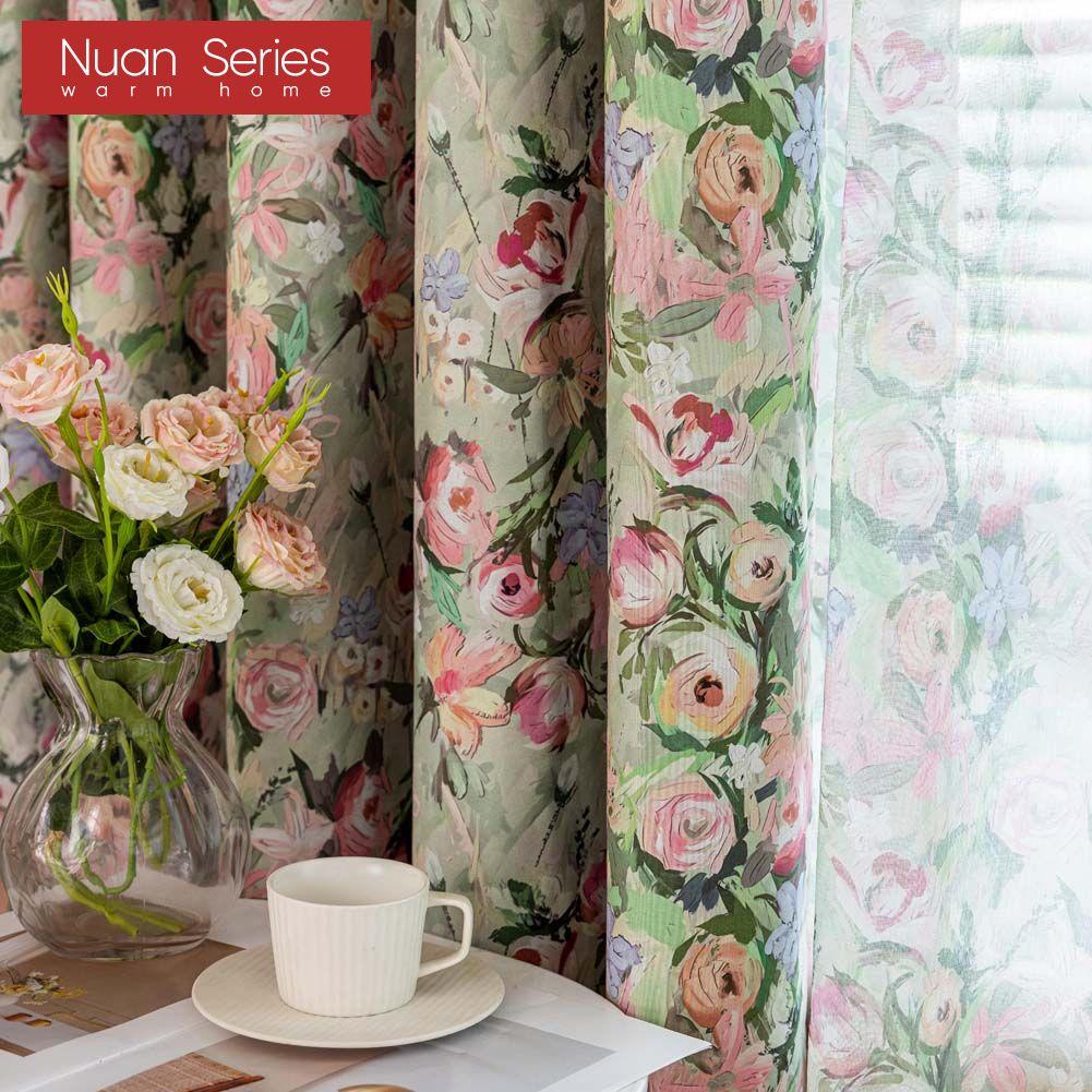 1PC Nuan Series European Pastoral Style Oil Painting Rose Print Curtain Full Blackout Curtains for Bedroom Living Room Balcony Window for Home Decor