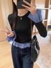 Korean Style Retro Two-Piece Plaid Patchwork Women's T-shirt for Autumn/Winter