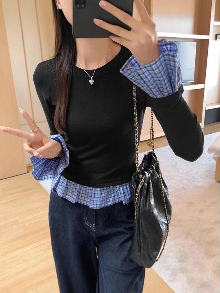 Korean Style Retro Two-Piece Plaid Patchwork Women's T-shirt for Autumn/Winter