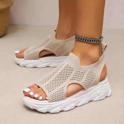 Women's Platform Knit Sandals Breathable Peep Toe Hollow Out Slip On Shoes Casual Outdoor Slingback Sandals