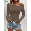 Solid Color Slanted Neck Long Sleeved Top Solid Diagonal Collar Long sleeve Top Women