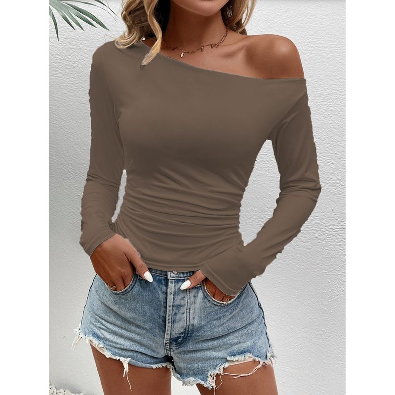 Solid Color Slanted Neck Long Sleeved Top Solid Diagonal Collar Long sleeve Top Women