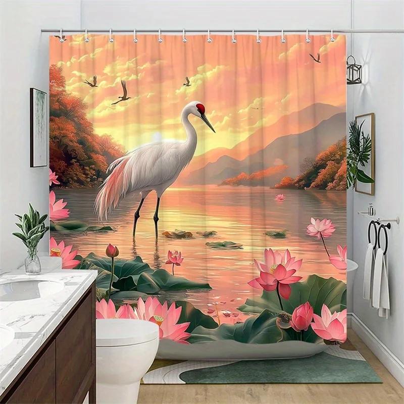 1Pc White Crane & Pink For Lotus Lakeside Sunset Shower Curtain - Elegant Peaceful Nature Digital Illustration, Machine-Washable