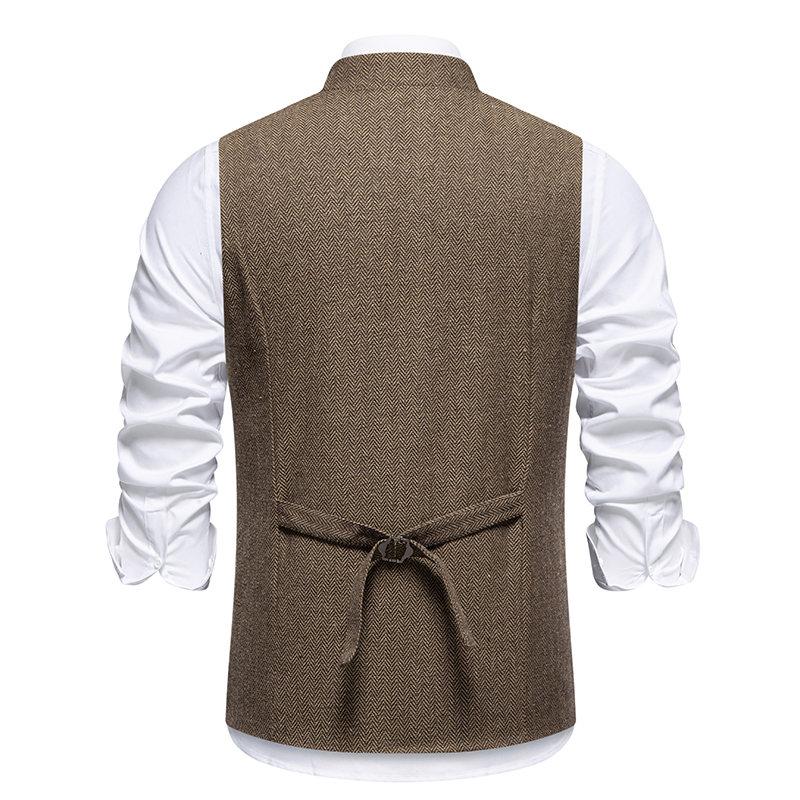 Autumn British Style Retro Vest For Men Fashion Stand Collar Herringbone Coarse Tweed Suit Vest Waistcoat Vintage Gentleman