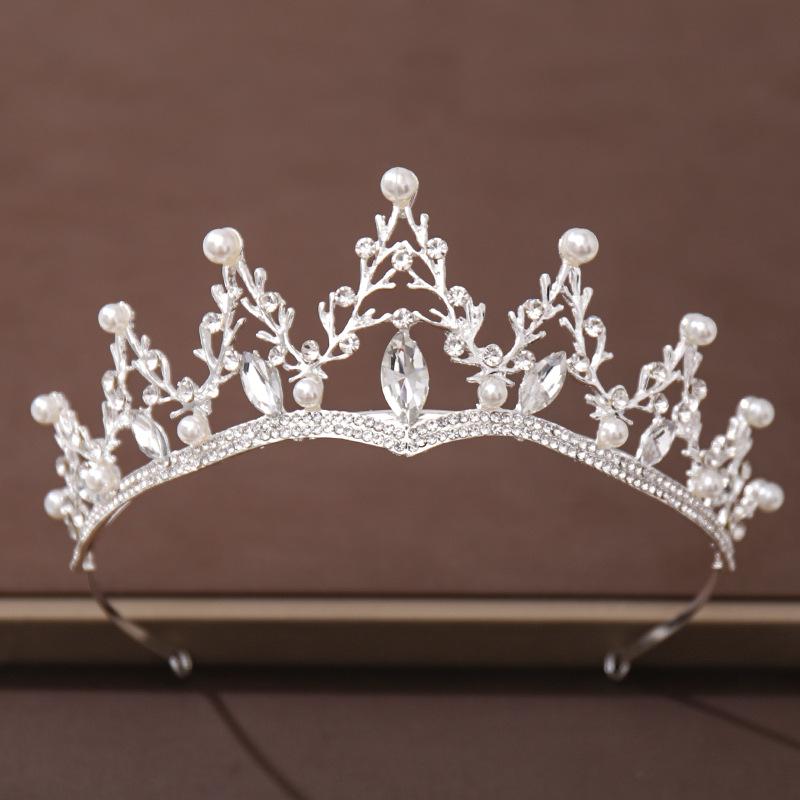 Silver Color Crystal Pearl Crown Tiara Headband for Women Rhinestone Prom Diadem Bridal Wedding Hair Accessories Jewelry Crown