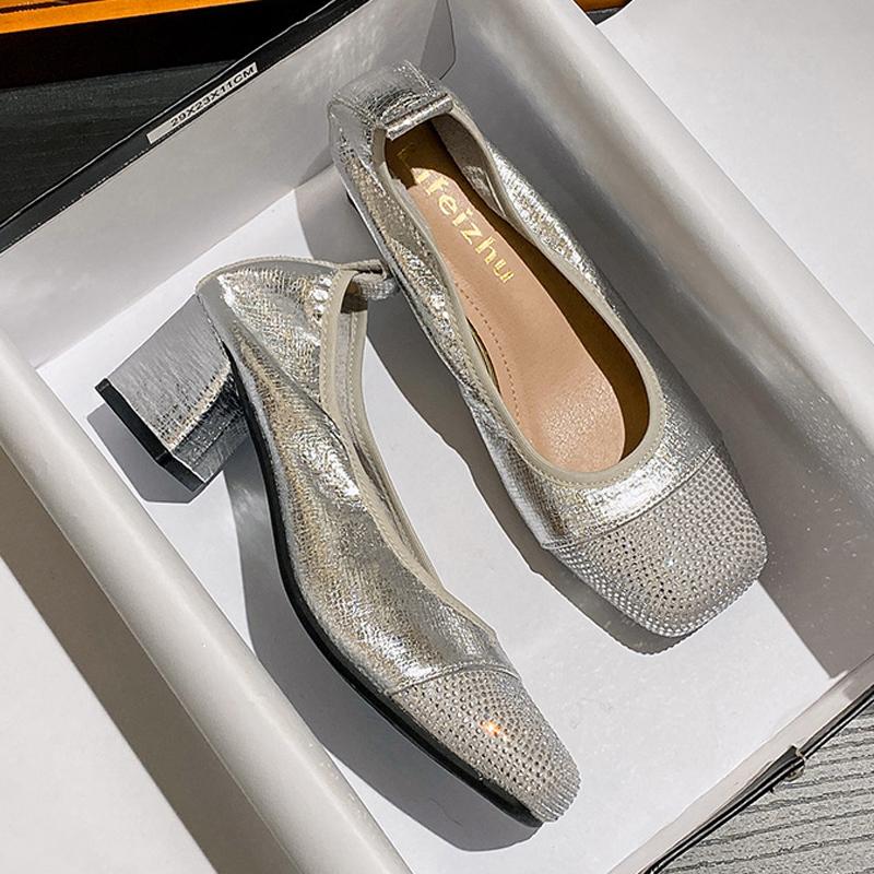 Fashion 5CM Diamond Block High Heels Shoes Ladies Burst Silver Pumps Women Square Toe Loafer Crystal Tacones Chunky Heel Traf Mary Janes