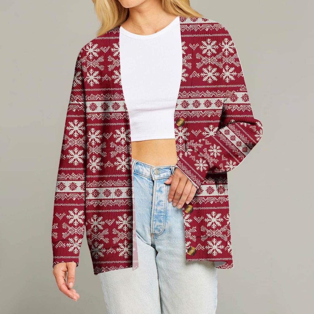 Women's Fashion Long Sleeve Christmas Print V-Neck Button Loose Cardigan Top