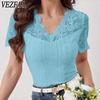 Camicette e camicie con scollo a V a maniche corte con stampa tinta unita primavera estate casual alla moda da donna