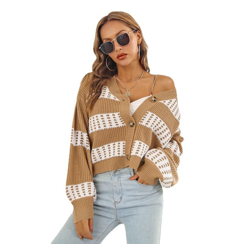 Women S V Neck Lantern Sleeve Contrast Color Short Cardigan Sweater Coat
