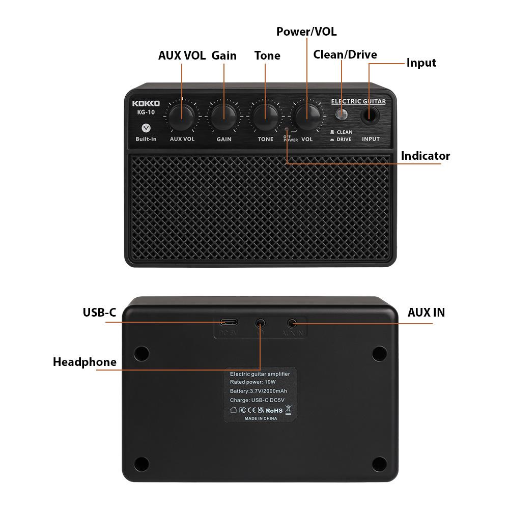 KOKKO 10W Small Electric Guitar Amp Mini Portable Guitar Practice Speaker for Daily Practice Street Performances