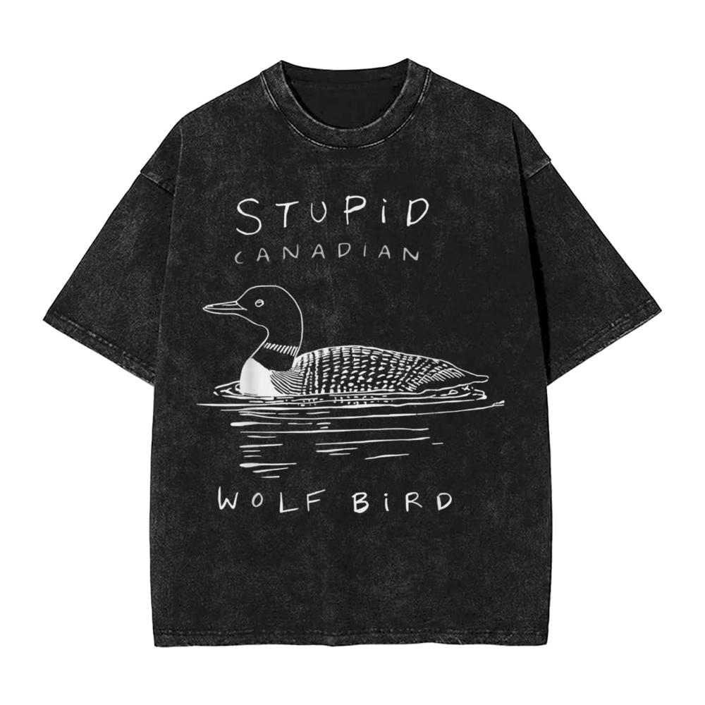 

Stupid Canadian Wolf Bird Washed T Shirt Men Women Cotton Vintage Printed Washed T-Shirts O Neck Tees Short Sleeve Tops Unique M