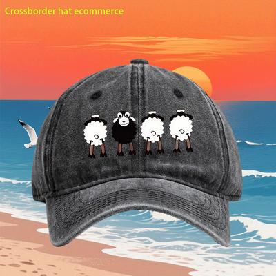 Casquette de Baseball Mouton Dessin Animé Denim Lavé Impression Vintage Extérieur Décontracté Réglable