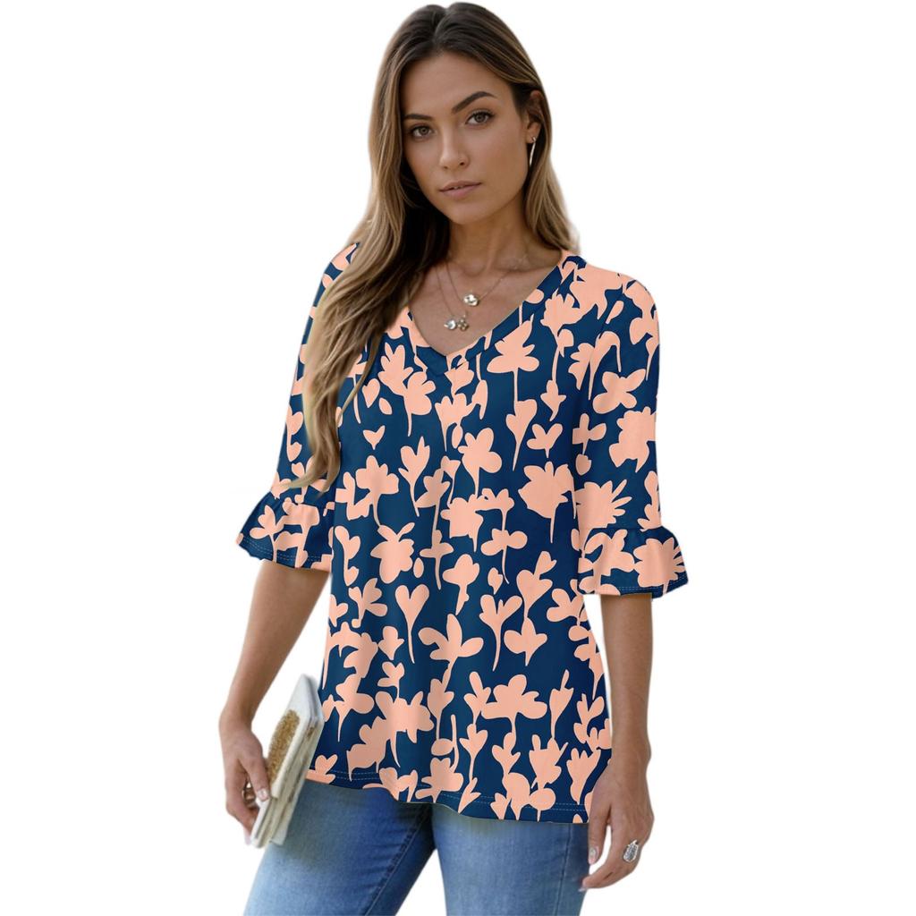 Women's Casual 3/4 Sleeve Tops V-Neck Sleeve T-Shirt Floral Print Tops