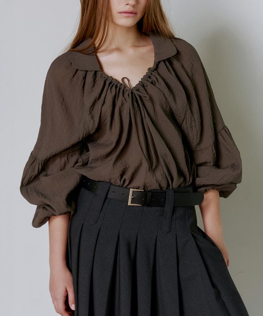 GANISONG Shirred Collar Blouse_Khaki