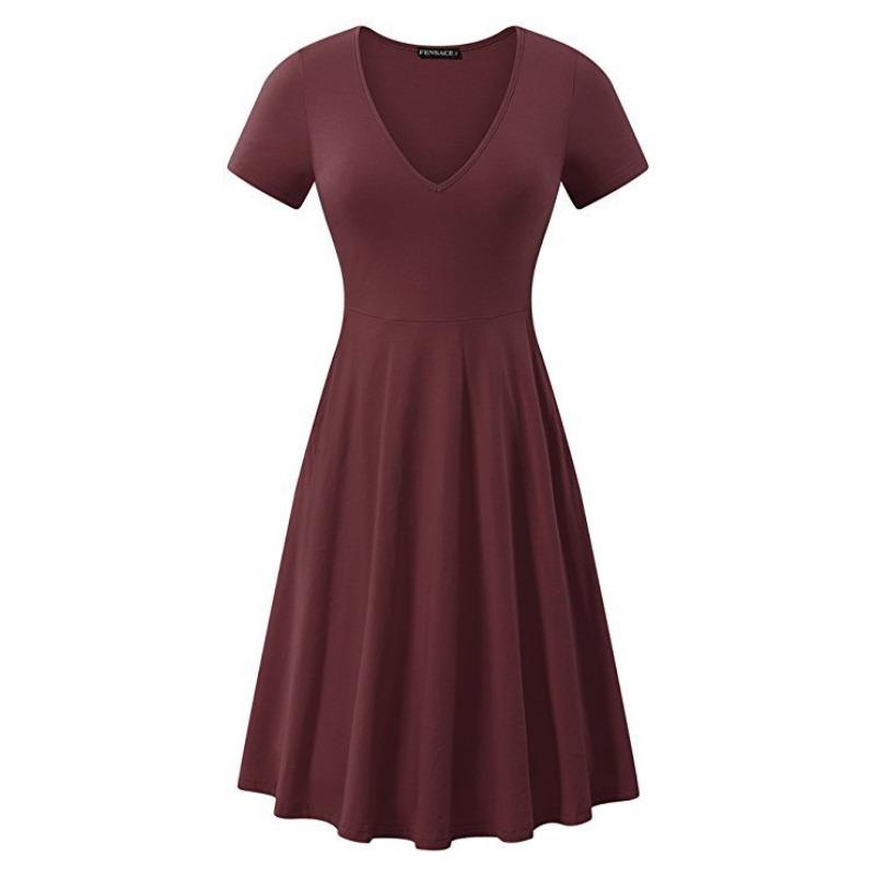 Spring and Summer Large Size Solid Color V-neck Short-sleeved Simple Loose Dress