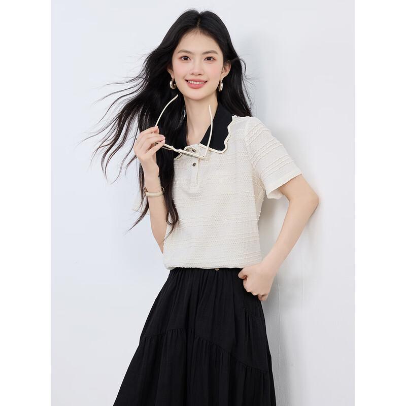 Women's Color Block Polo Collar Short Sleeve T-Shirt