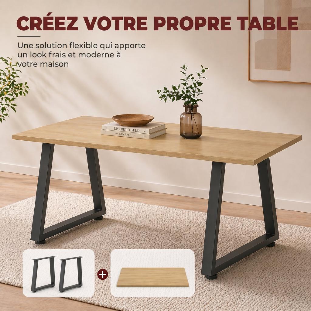 Steel Table Legs, Set of 2, Trapezoidal, Adjustable Glides, 60 x 43 cm, Black