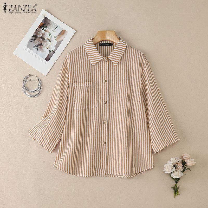 ZANZEA Dámská ležérní pruhovaná halenka s volným střihem a 3/4 rukávy s límcem na ohrnutí