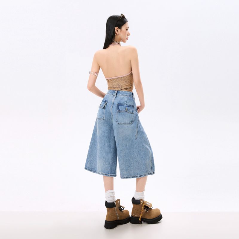 Fashion Summer Relax Fit Casual Wide Leg Cropped Capri Denim Pants For Women Trendy Versatile Loose Straight Slimming AllMatch Design