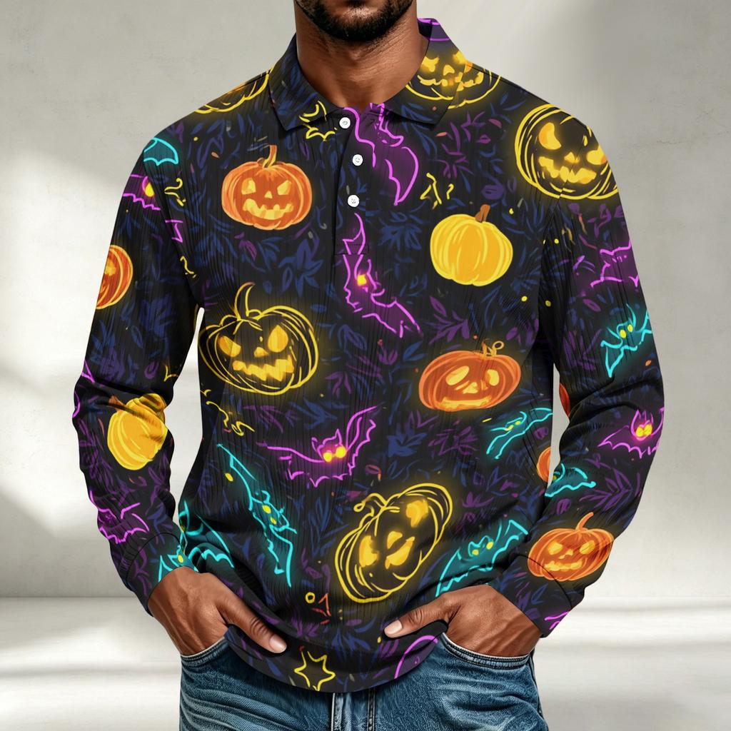 Men's Casual Halloween Print Long Sleeve Shirt Loose Fit