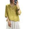 Women's V-Neck Embroidered Cotton Linen T-Shirt: Loose, Slimming, Solid Color, Five-Sleeve Summer Top
