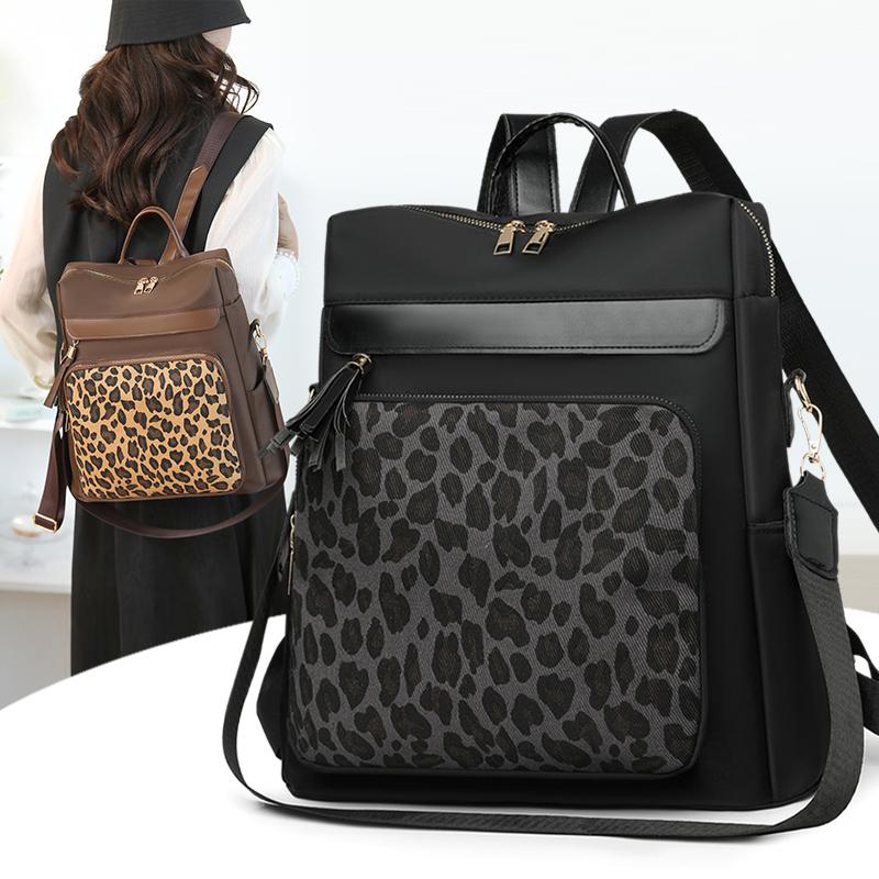 Vintage Leopard Print Stitching Backpack Multi-functional Shoulder Bag Large Capacity Student Backpack