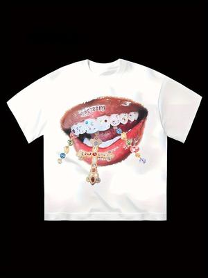 Men's Y2K Retro Graphic T-Shirt - Bold Lip Print and Jewelry Print T-Shirt Hip Hop T-shirt Funny T-shirts for Men Streetwear