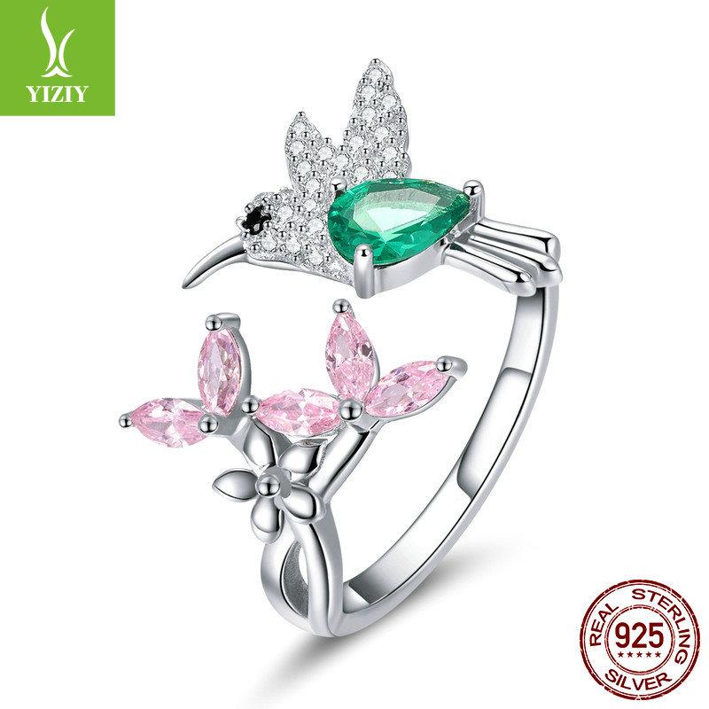 Hummingbird With Flower Ring Opening, Colorful Zircon Bird Plated S925 Silver Ring