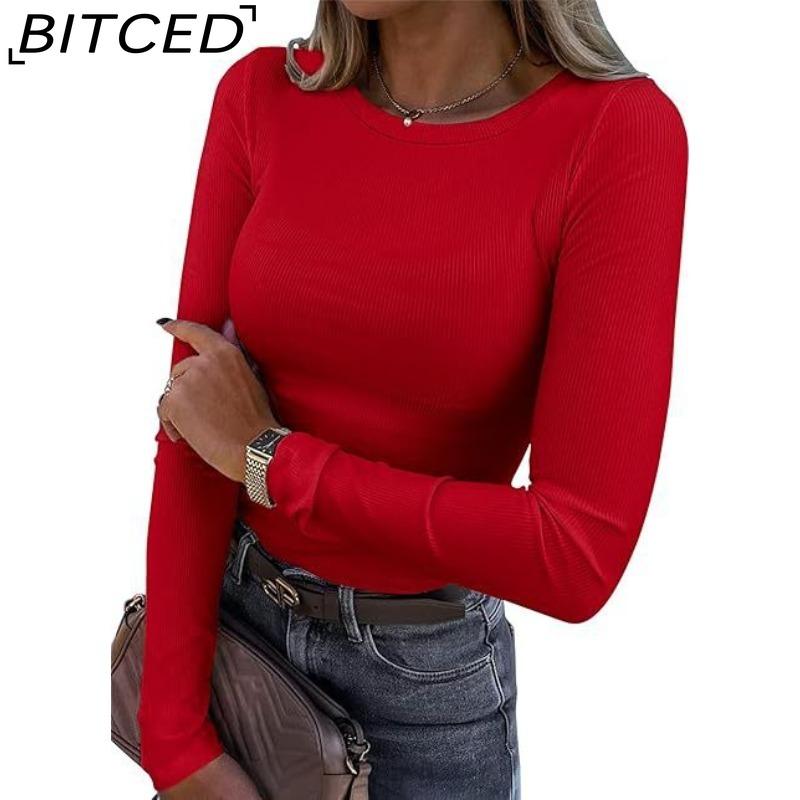 BITCED Women's Long-Sleeved Stretch O-Neck Ribbed T-Shirt Fitted Casual Basic Top