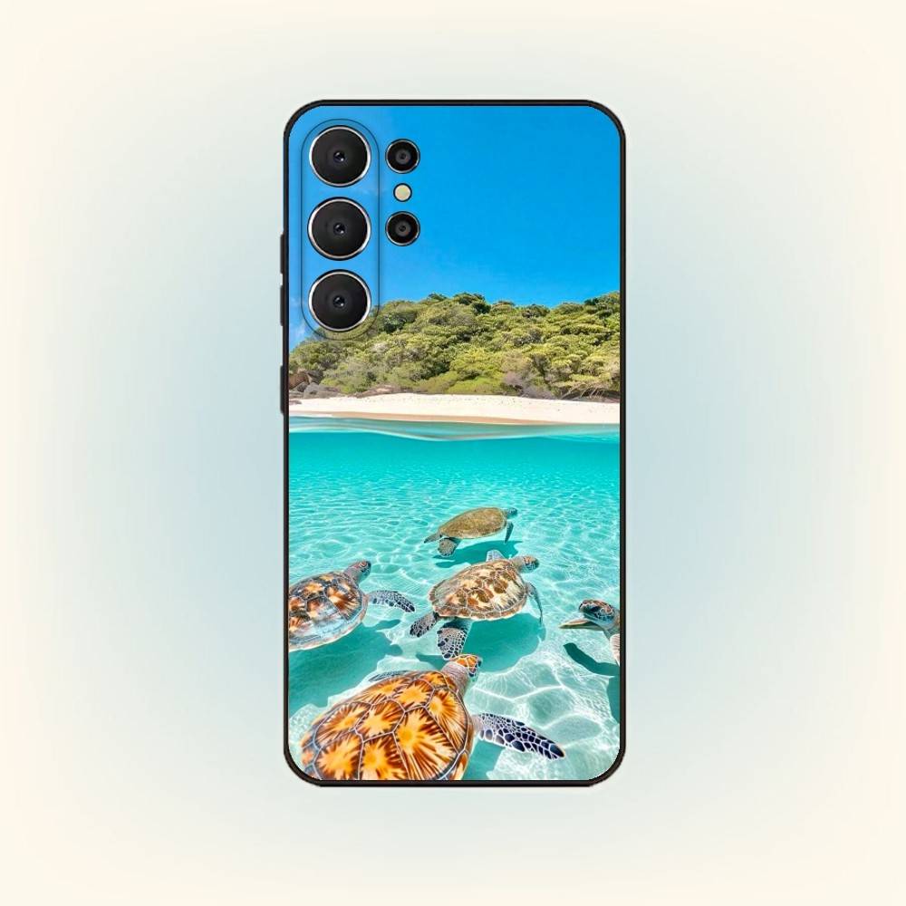 Mořský život Želva Umění Pouzdro na telefon Pro Samsung S25,24,23,22,30,21,10,9,Ultra,Plus,Lite,FE Černé Měkké pouzdro