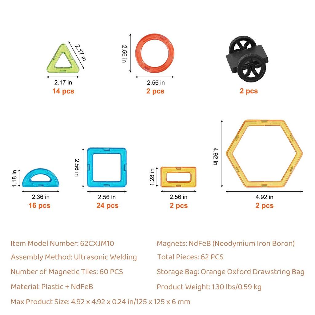 Magnetic Tiles Magnetic Building Toy 62 PCS Magnet Blocks for Kids 3D Set