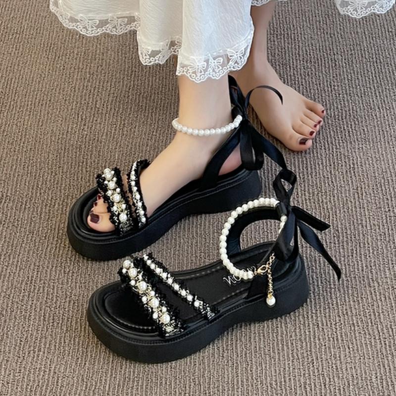 Fashion Women's Sandals Summer New Thick Bottom Round Head Open Toe Pearl Buckle Sandals Casual Fashion Soft Sole Non-slip Sandals
