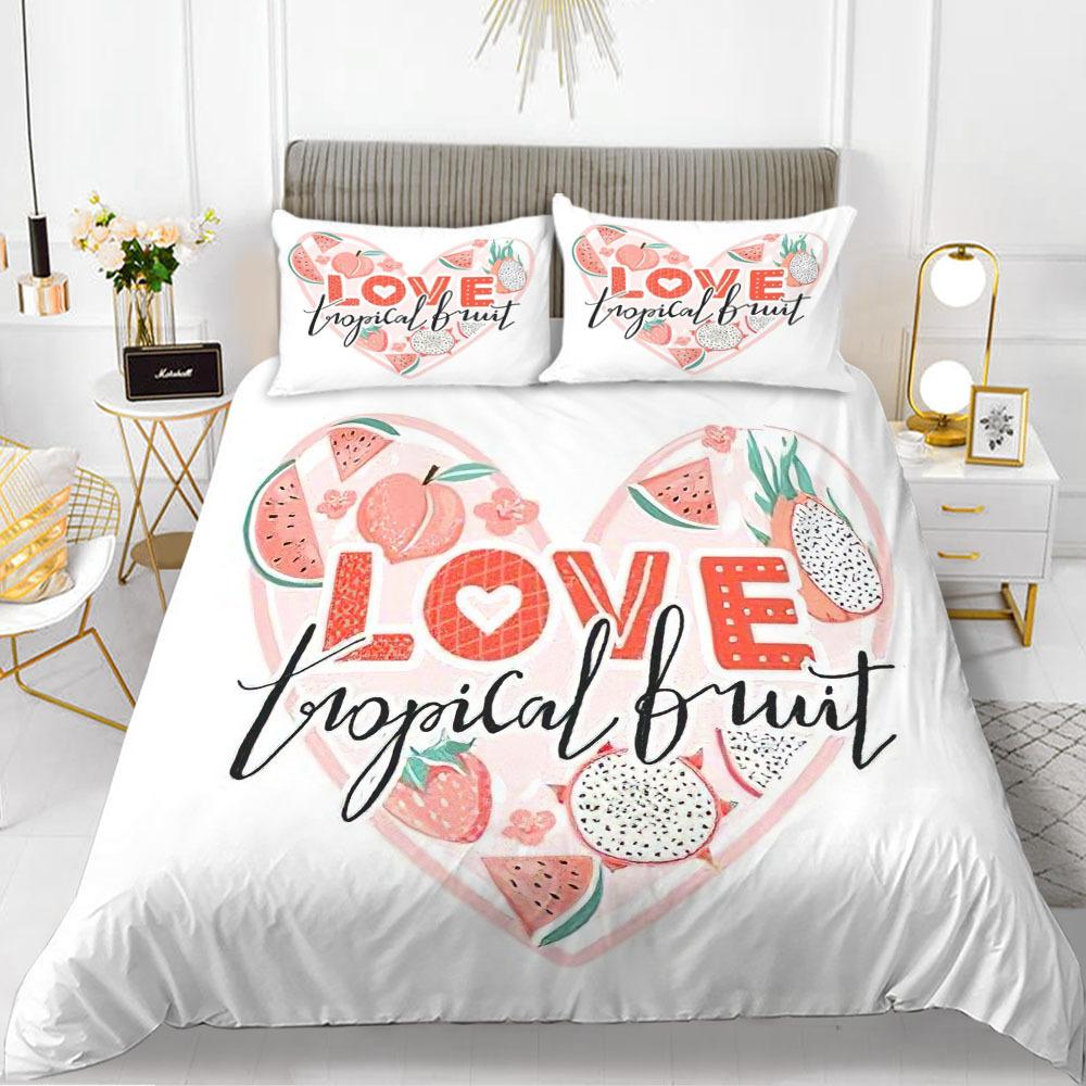 Love Theme Duvet Cover Set King Queen Size Heart Shape Romantic Letters Pink Flower For Kids Girls Couples Polyester Bedding Set