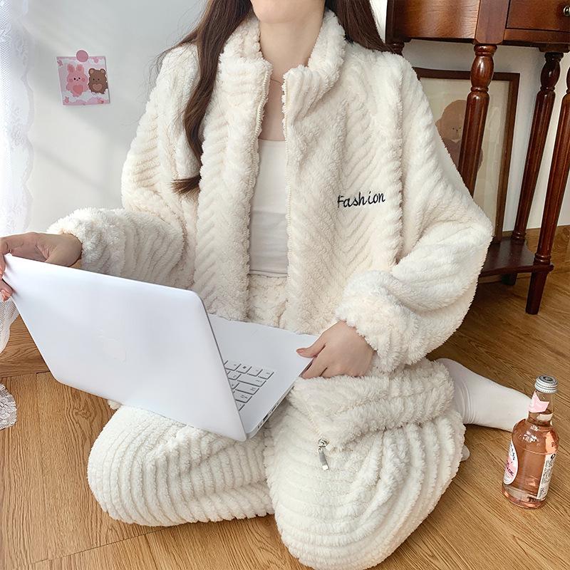 Pijamale Jacquard din Fleece Coral pentru Femei: Cardigan drăguț, călduros, cu guler înalt cu fermoar pentru toamnă și iarnă